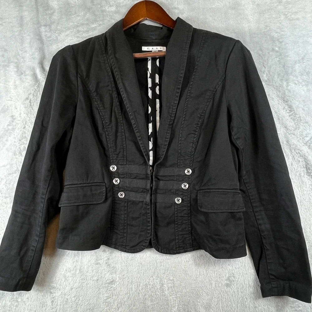 Cabi Military Officer Jacket 10 Black Cotton Stretch Hook Eye Tailored Moto